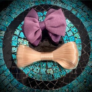 Vintage Rare Early 90s Hair Clip Set; Blonde Synthetic Hair & Purple Fabric Bows